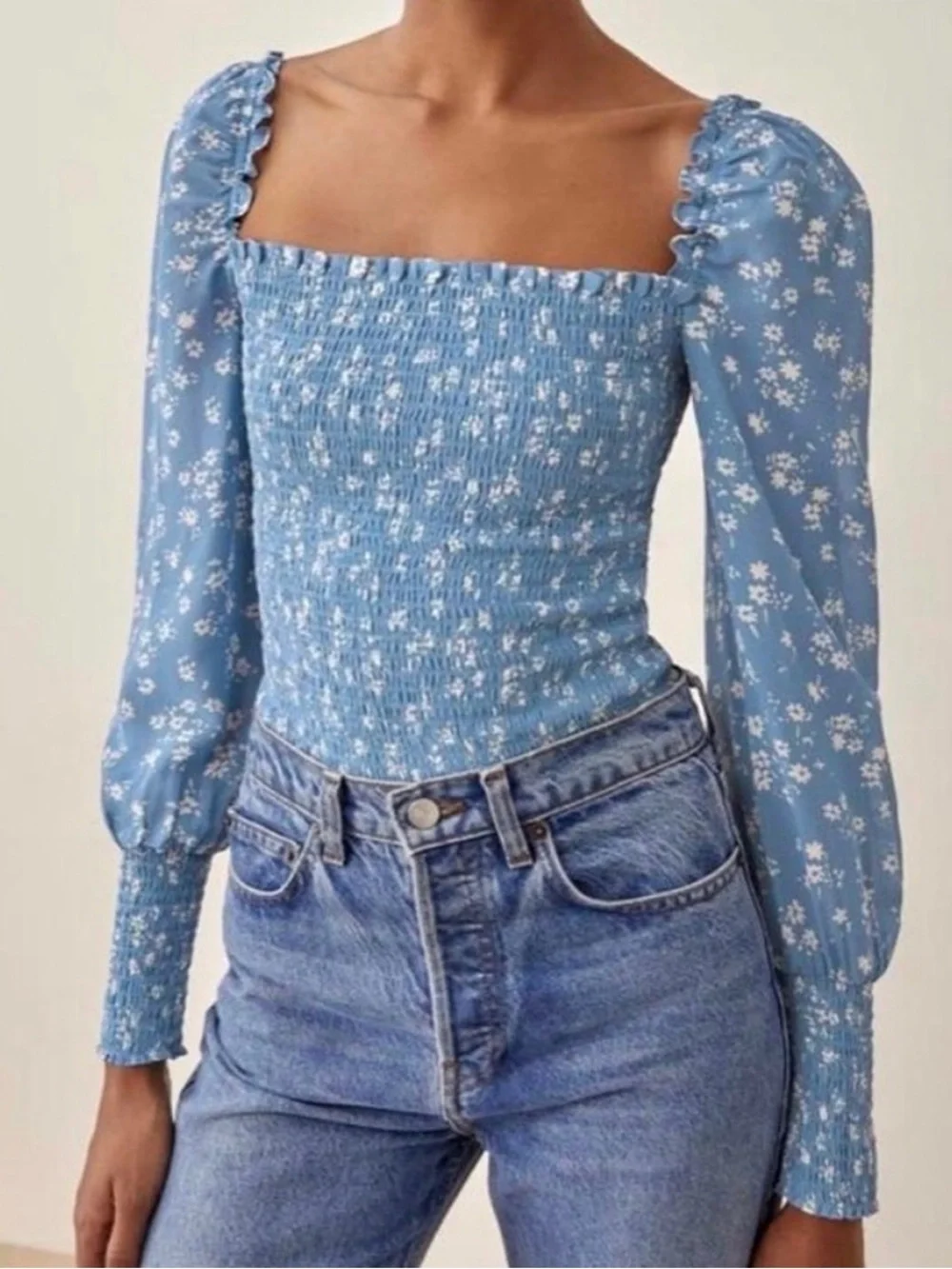Reformation Blue Smocked Square-Neck Blouse